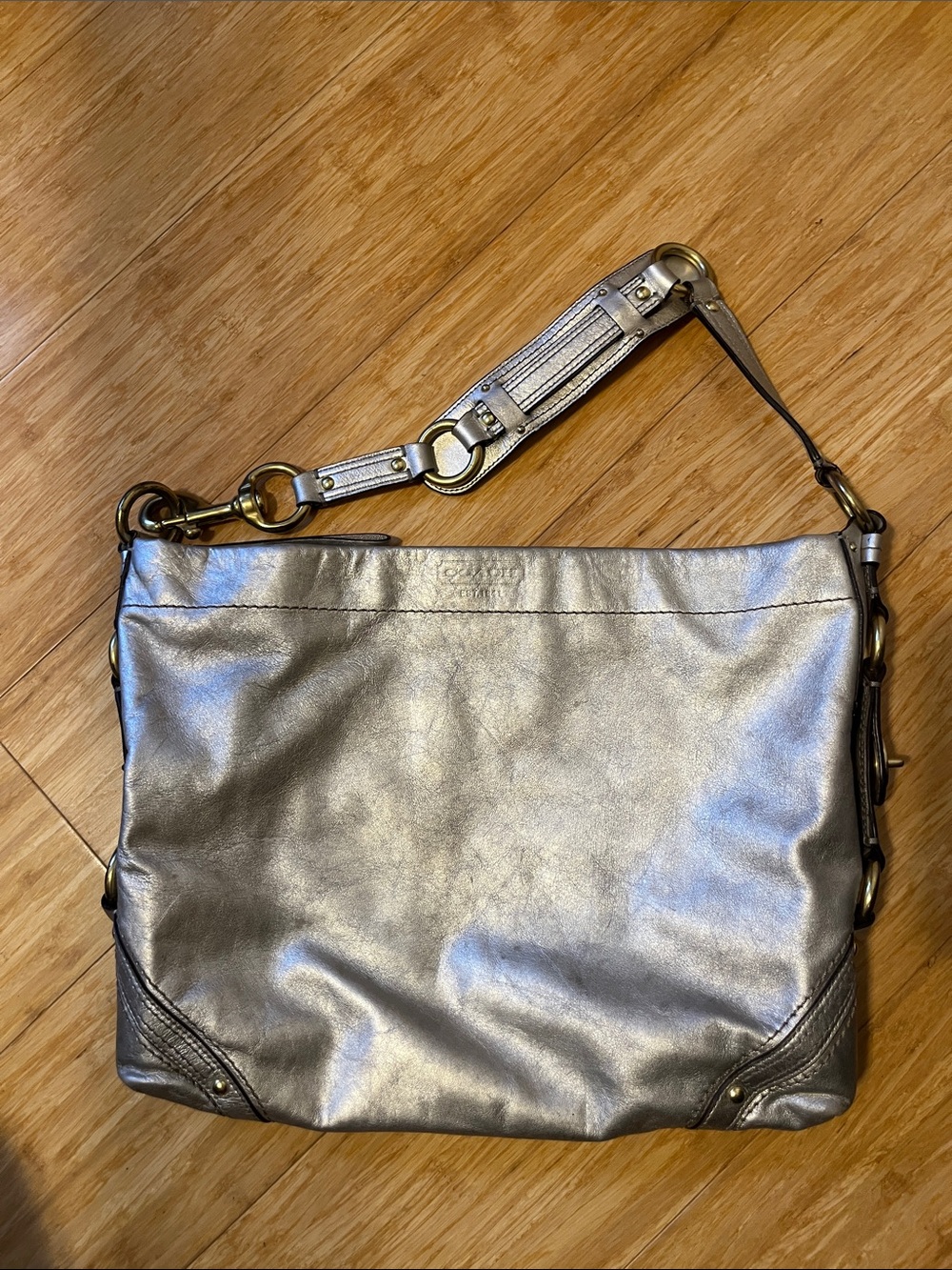 Coach Metallic Silver Leather Shoulder Hobo Bag